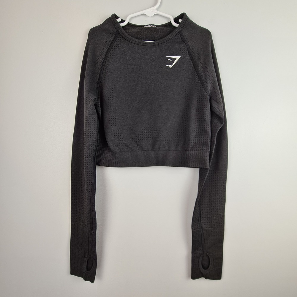 Gymshark Adapt‎ Fleck Seamless Long Sleeve Crop Top Charcoal Grey XS Thumbhole